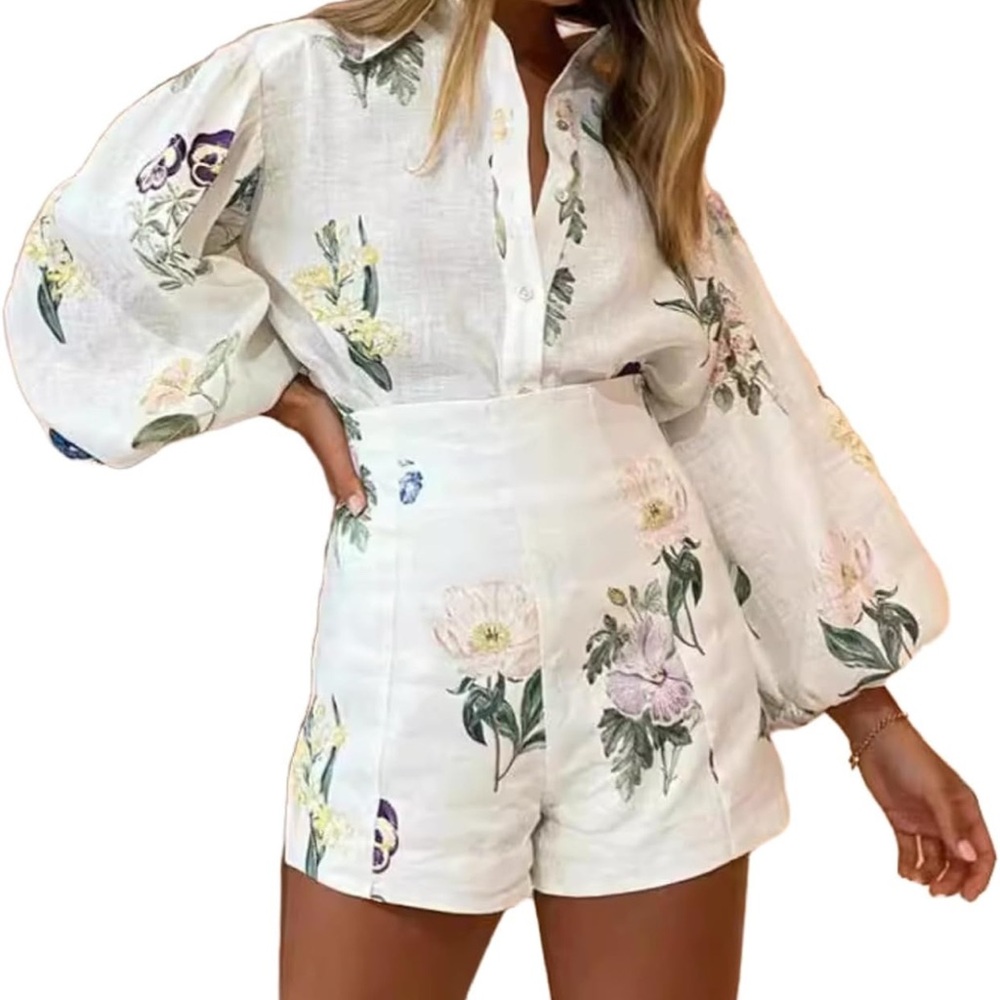Floral Puff Sleeve Blouse and Shorts Set